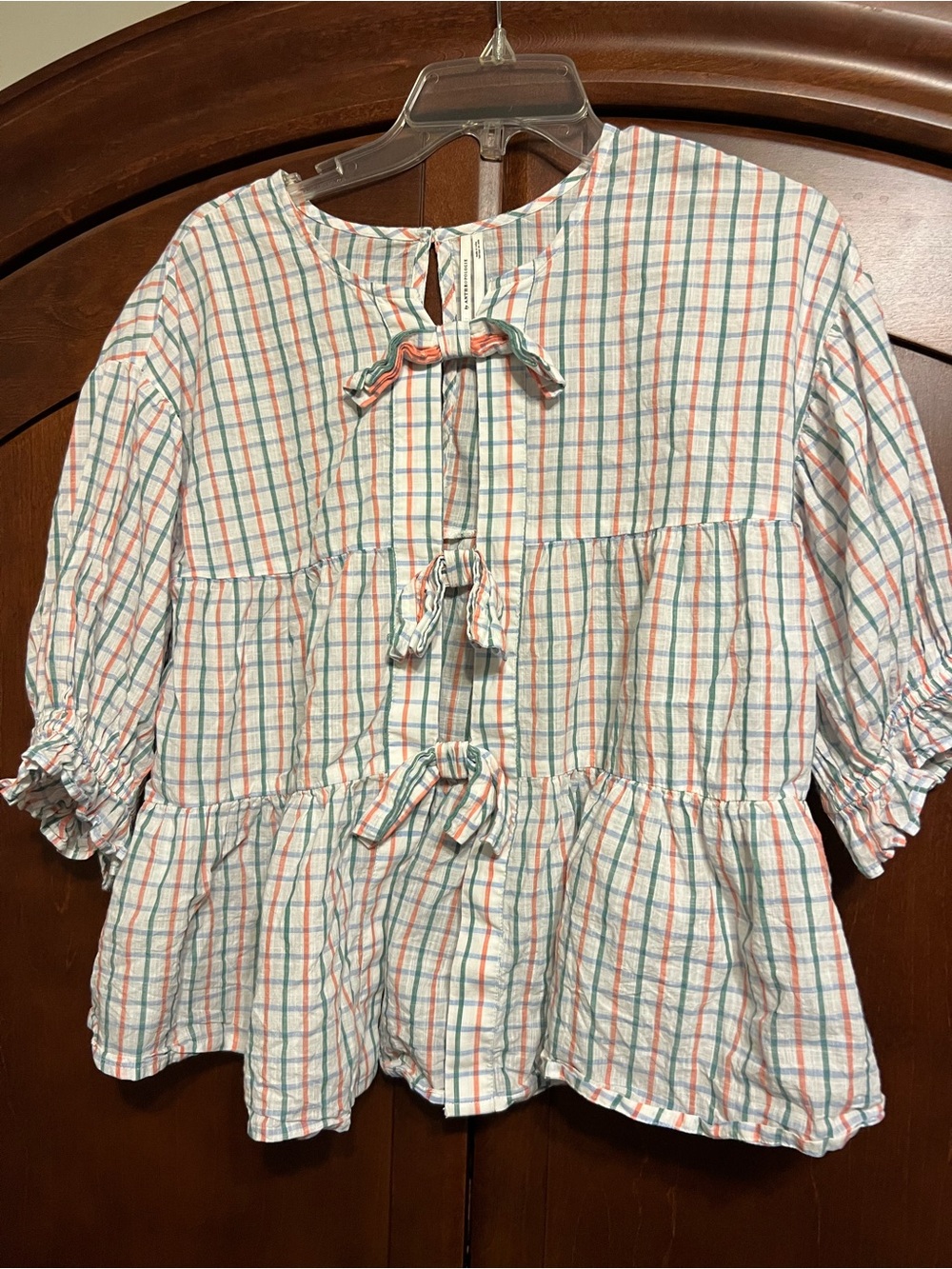 White Plaid Tiered Tie-Front Top